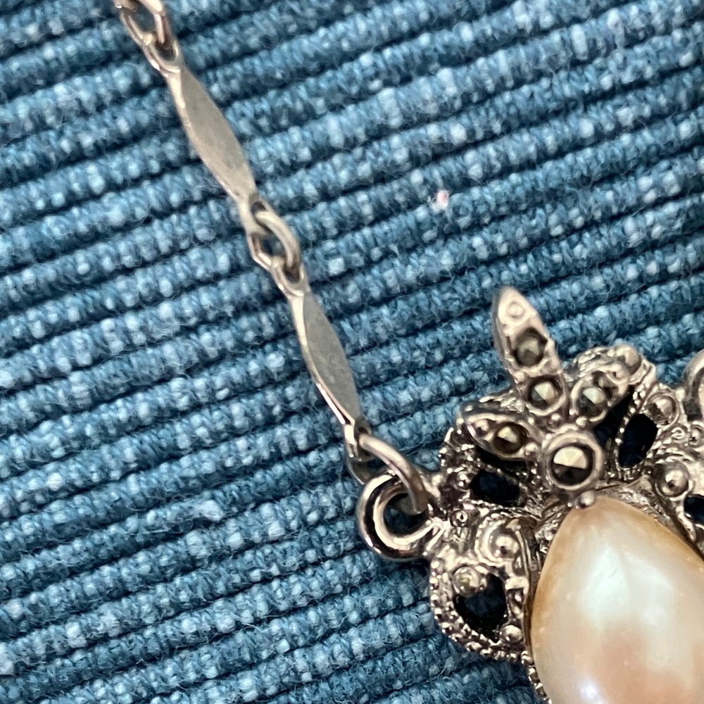 1928 Silver Tone Necklace with Faux Pearl and Marcasite Accents - Picture 4 of 6